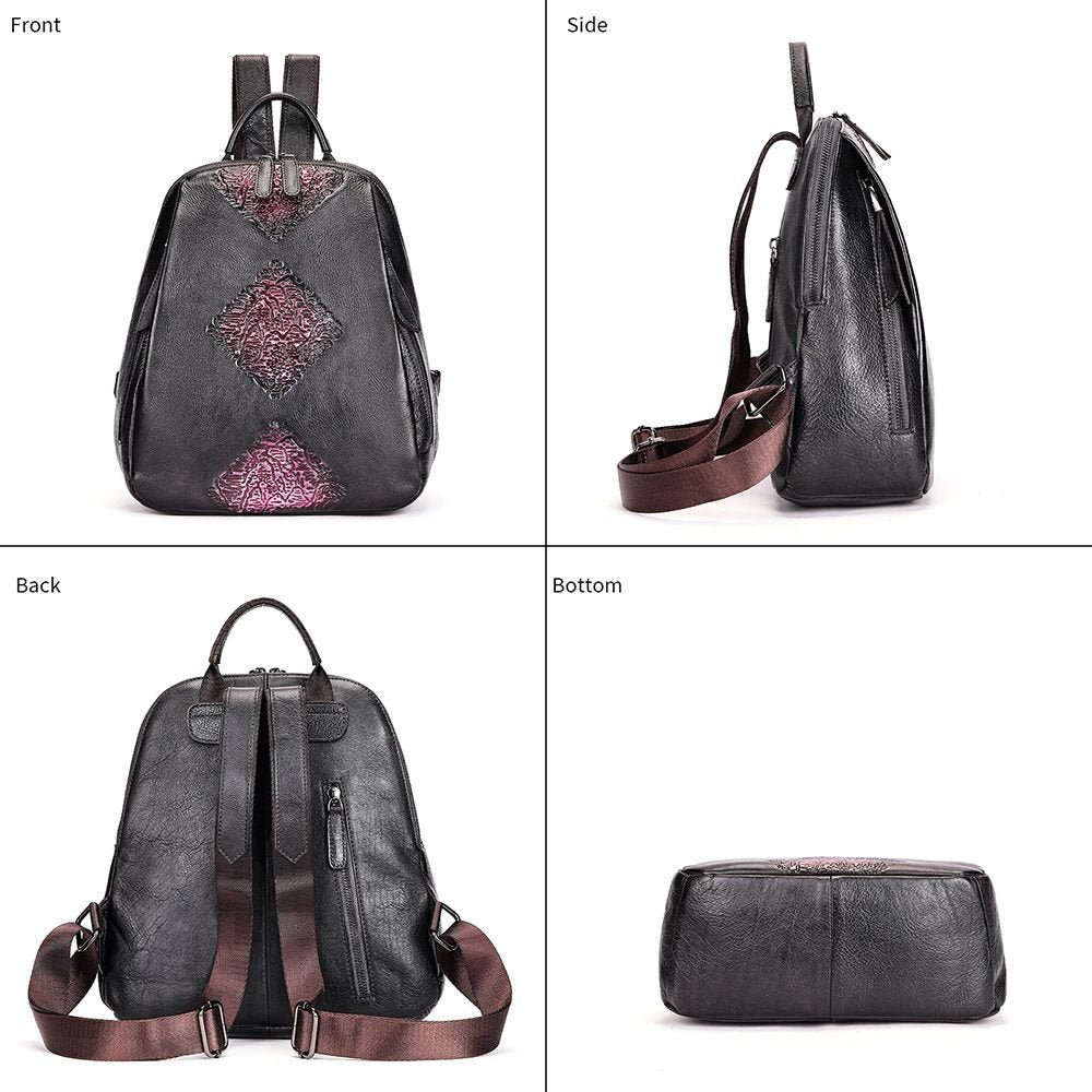 Women’s Genuine Leather Floral Embossed Vintage Backpack - The Urbanex