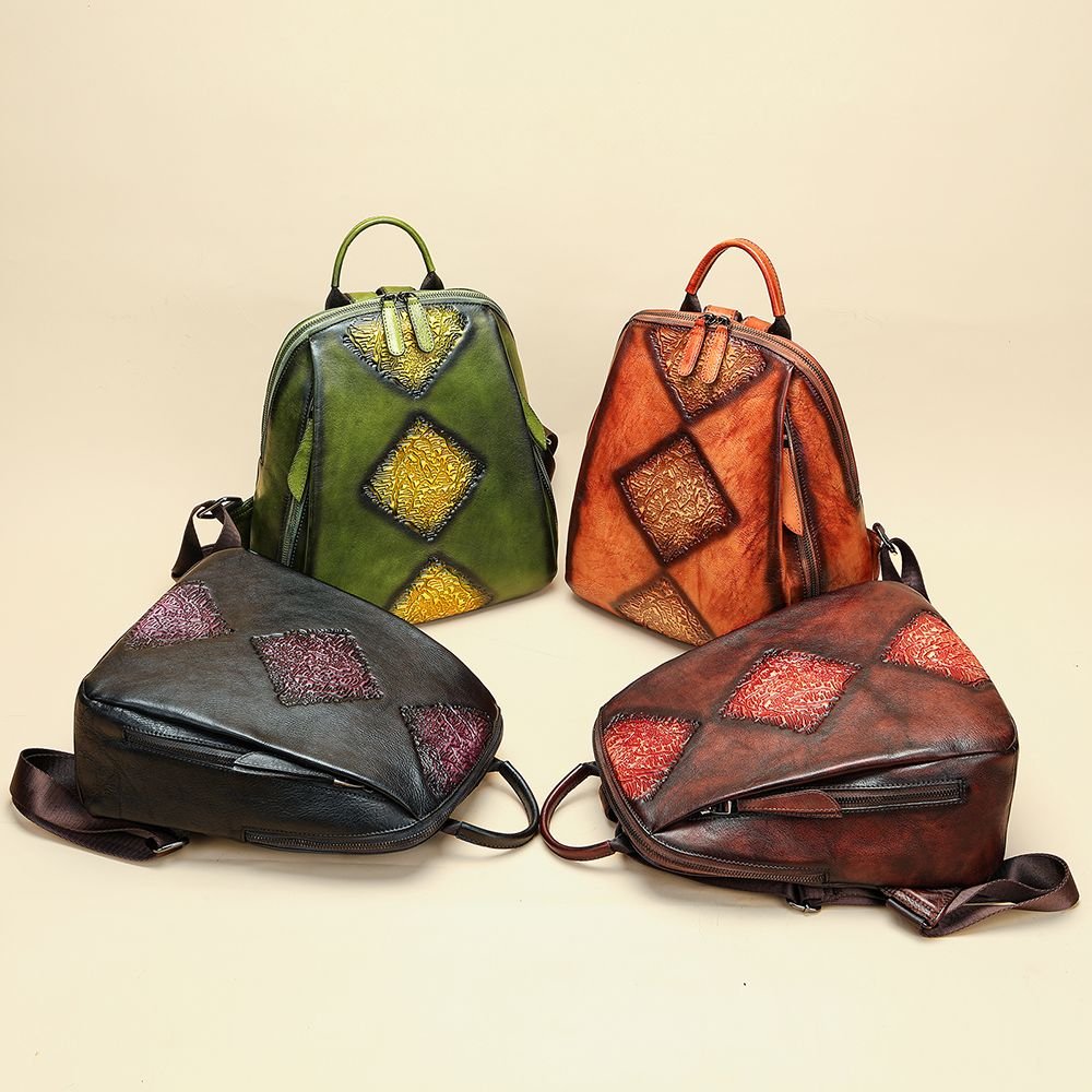 Women’s Genuine Leather Floral Embossed Vintage Backpack - The Urbanex