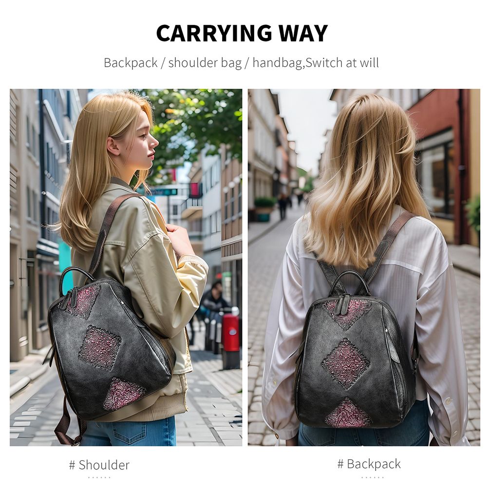 Women’s Genuine Leather Floral Embossed Vintage Backpack - The Urbanex