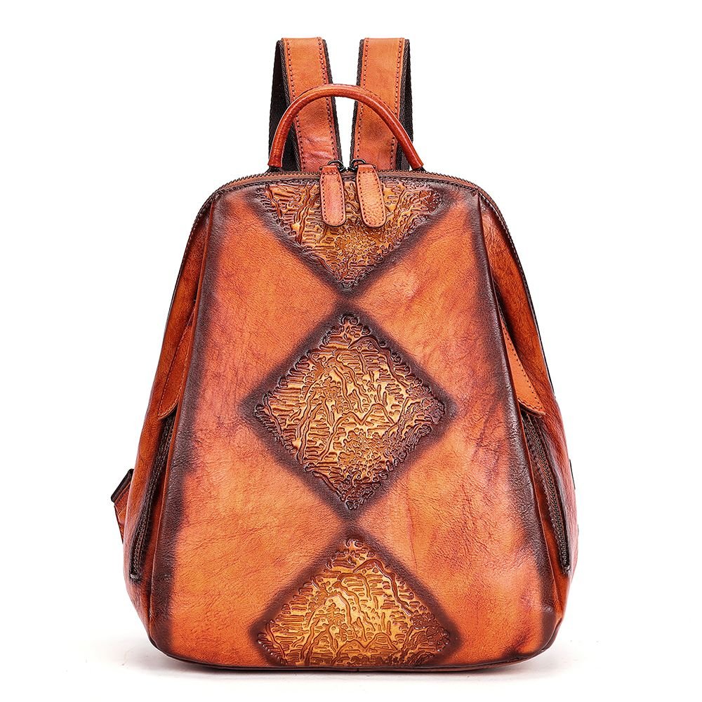 Women’s Genuine Leather Floral Embossed Vintage Backpack - The Urbanex
