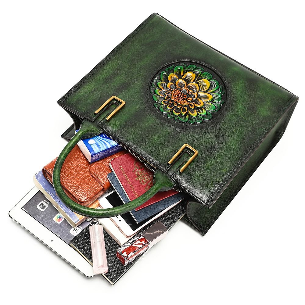 Women’s Genuine Leather Floral Embossed Vintage Tote Handbag - The Urbanex